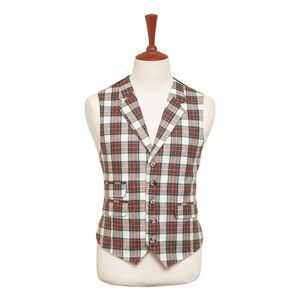 Mens Tartan Plaid Vest 44R White Red Green Lambswool Waistcoat XL Formal Wedding